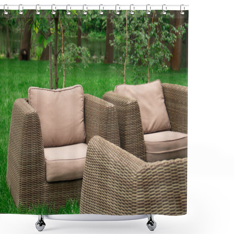 Personality  Armchairs On The River Bank Shower Curtains