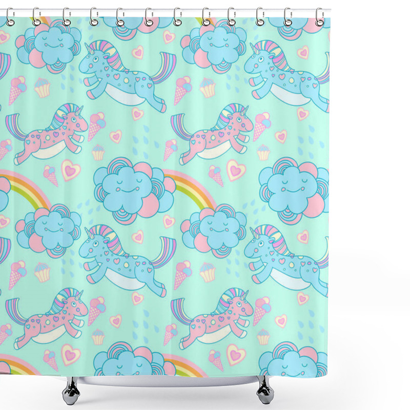 Personality  Vector Seamless Pattern With The Unicorns, Clouds And Rainbow Shower Curtains