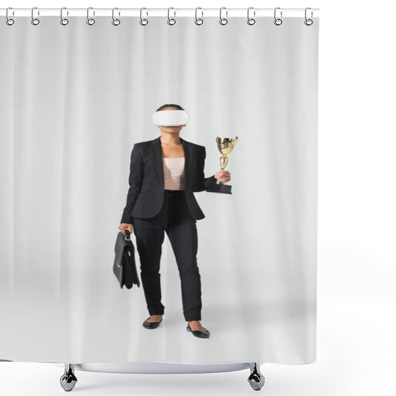 Personality  African American Businesswoman With Suitcase And Goblet In Vr Headset Isolated On White Shower Curtains