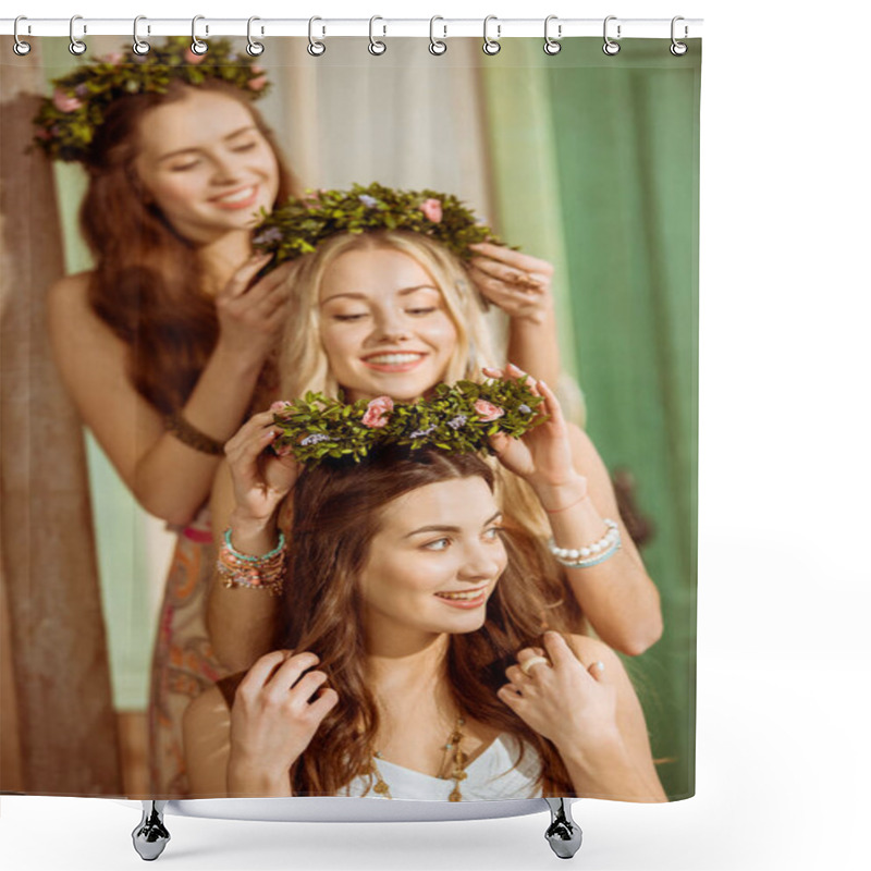 Personality  Bohemian Women In Floral Wreaths Shower Curtains