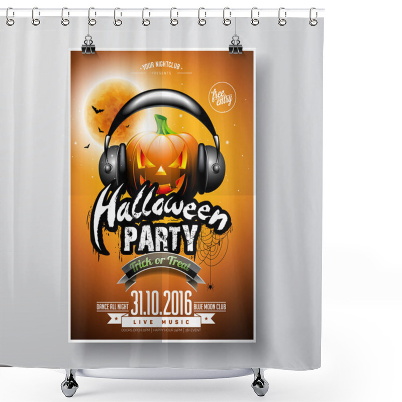 Personality  Vector Halloween Party Flyer Design With Pumpkin And Headphone On Orange Background. Bats And Moon. Shower Curtains