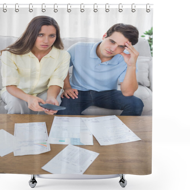 Personality  Concerned Couple Doing Their Accounts Shower Curtains