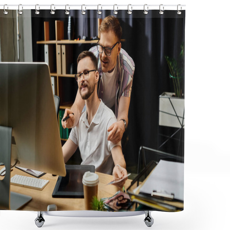 Personality  Two Men In Office Attire Engaging With A Computer Screen. Shower Curtains