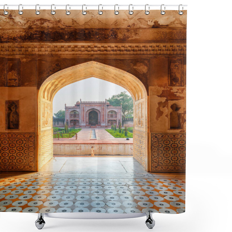 Personality  Amazing View Of Red Sandstone Building Through Arched Gate Shower Curtains