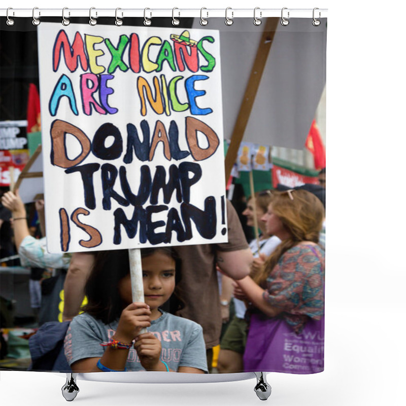 Personality  London, United Kingdom, 13th July 2018:Placards Carried By Anti Donald Trump Protesters Marching In Central London Shower Curtains