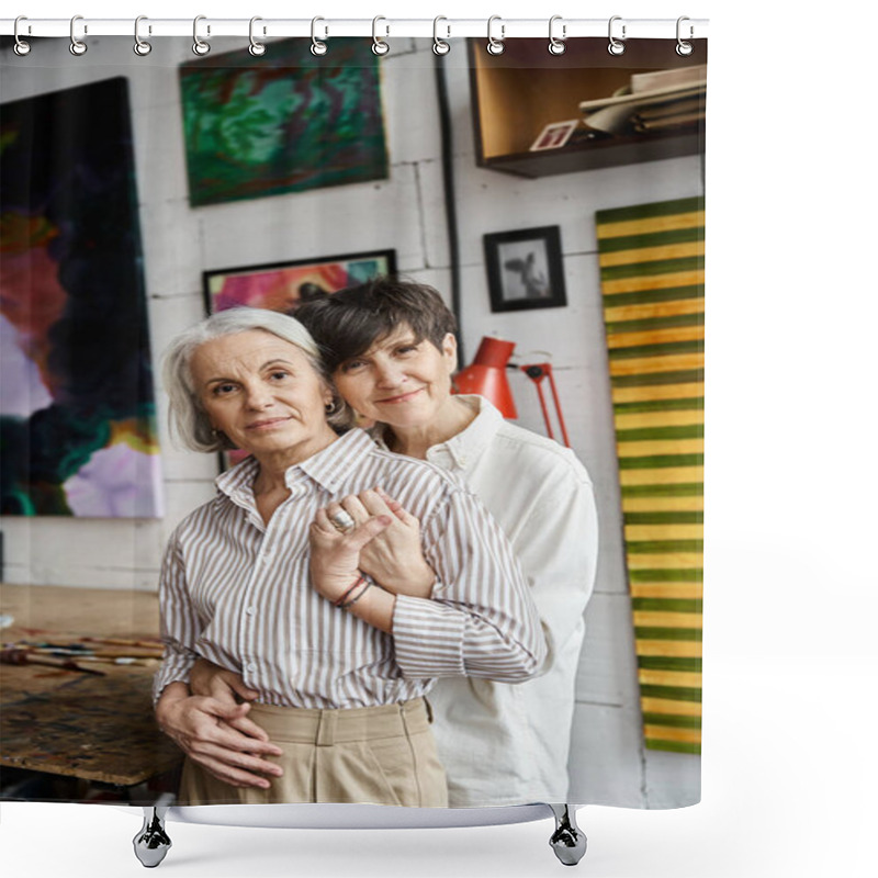 Personality  A Mature Lesbian Couple Standing Together In An Art Studio. Shower Curtains