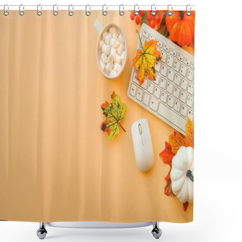 Personality  Fall Office Workspace. Keyboard, Laptop, Mug With Autumn Cloth And Fall Decorations - Pumpkin, Leaves And Other. Shower Curtains