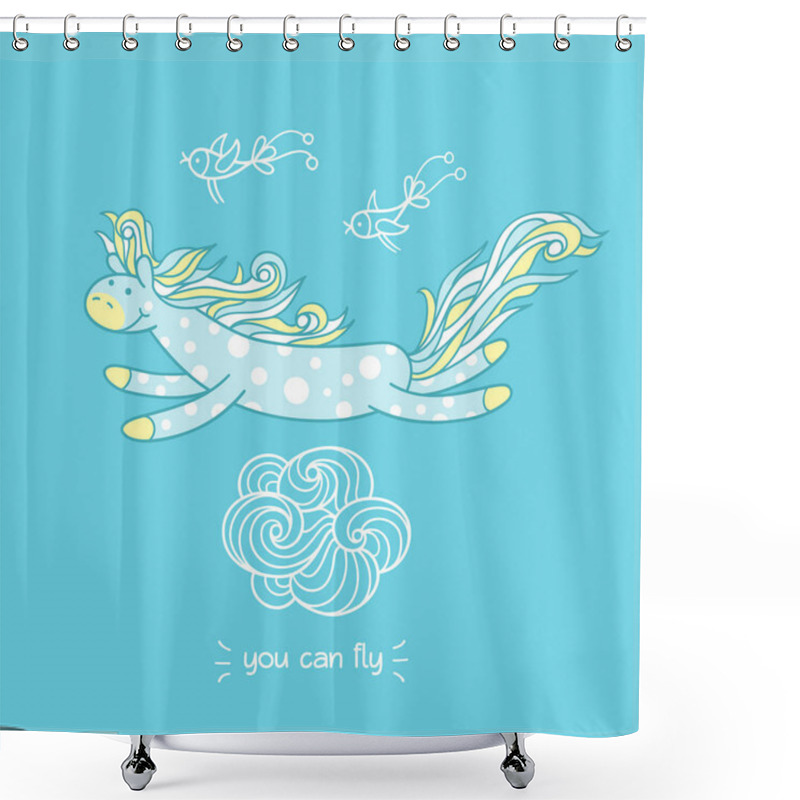 Personality  Pony And Funny Birds Are Flying In The Sky Shower Curtains