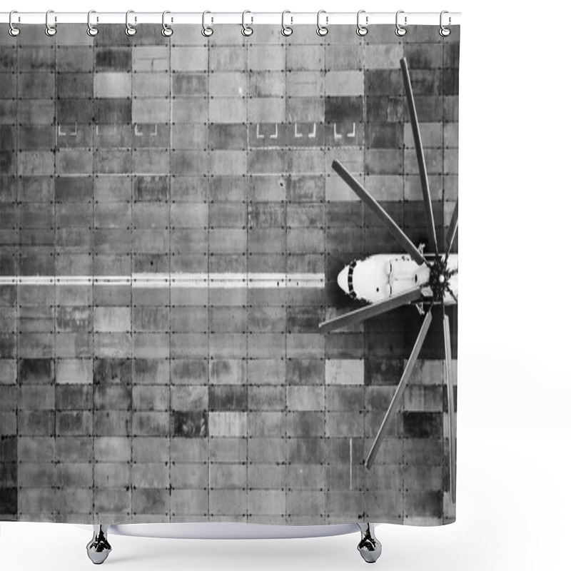 Personality  Heavy Transport Helicopter Aerial View. Loading Equipment On The Runway Shower Curtains