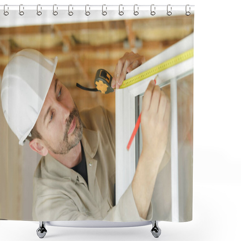 Personality  Construction Worker Removing Sticky Tape From Window Frame In House Shower Curtains