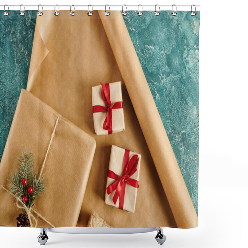 Personality  Gift Boxes With Ribbons And Pine Branch With Holly Berries On Craft Paper And Blue Textured Surface Shower Curtains