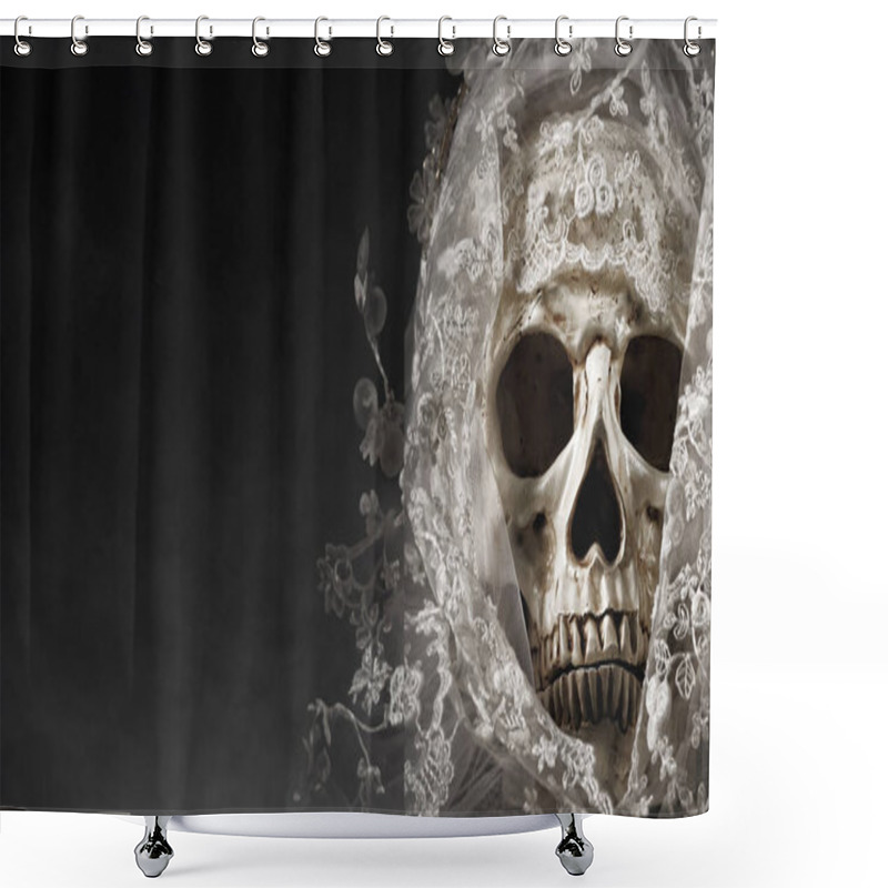 Personality  A Haunting Photo Captures The Skull Of A Bride Adorned With A Veil, Set Against Dark Background For Halloween Concept Shower Curtains