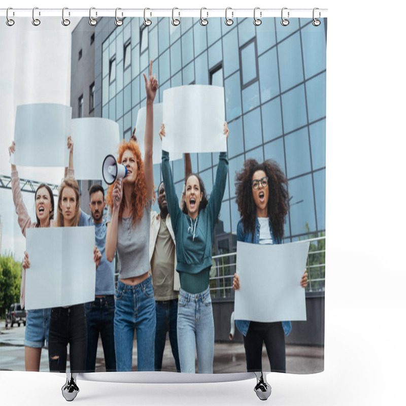 Personality  Redhead Girl Screaming In Megaphone Near Multicultural People  Shower Curtains