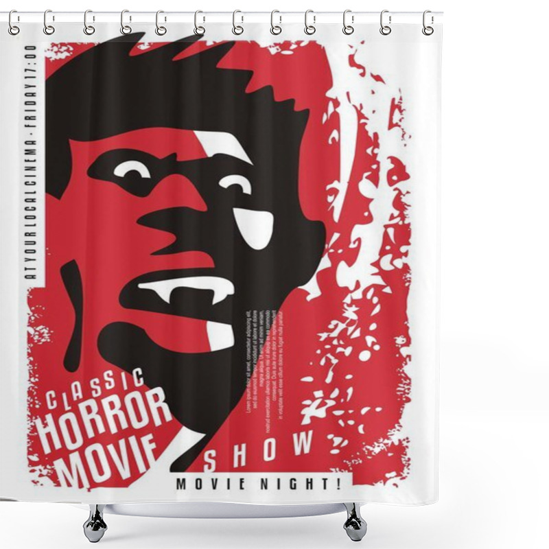 Personality  Vampire Movies Retro Cinema Poster Design. Evil Vampire Portrait With Sharp Teeth On Bloody Splattering Red Background. Horror Film Festival Conceptual Artistic Idea. Shower Curtains