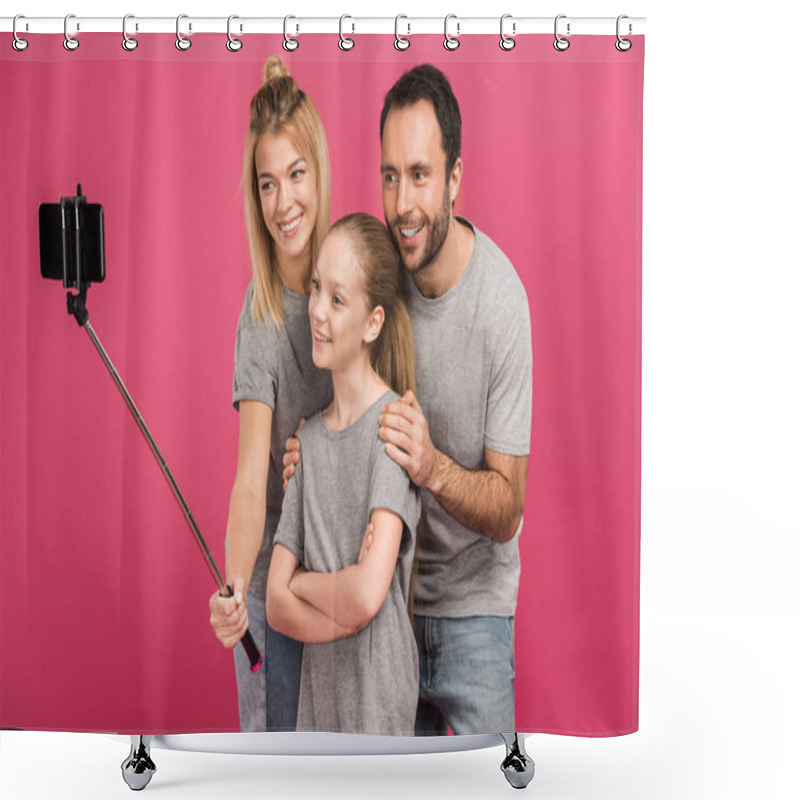 Personality  Beautiful Happy Family Taking Selfie On Smartphone, Isolated On Pink Shower Curtains