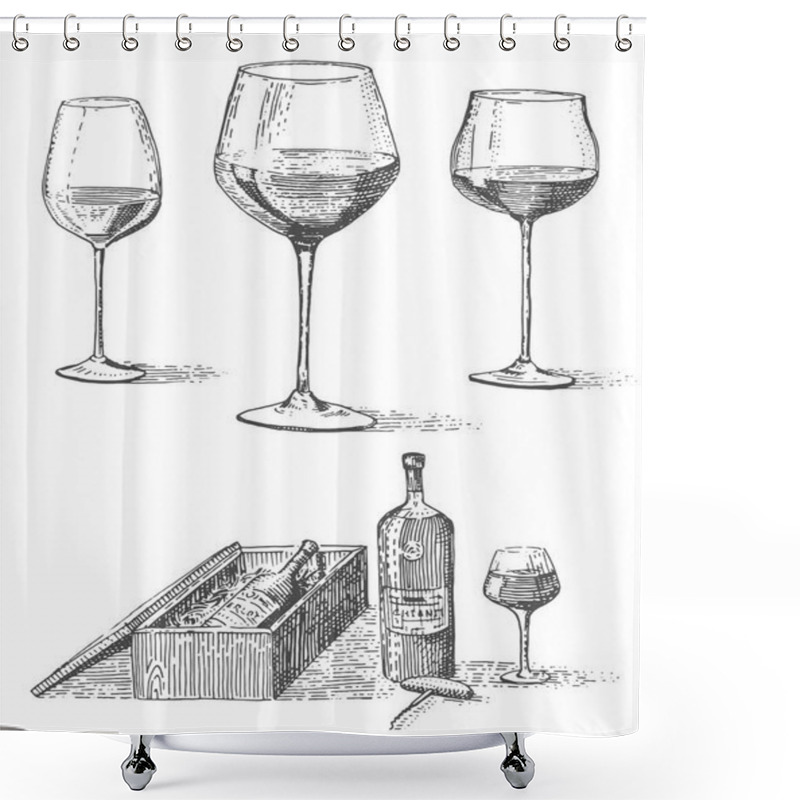 Personality  Wine Bottle In Box With Corkscrew And Tree Goblets Or Glasses Hand Drawn Engraved Old Looking Vintage Illustration Shower Curtains