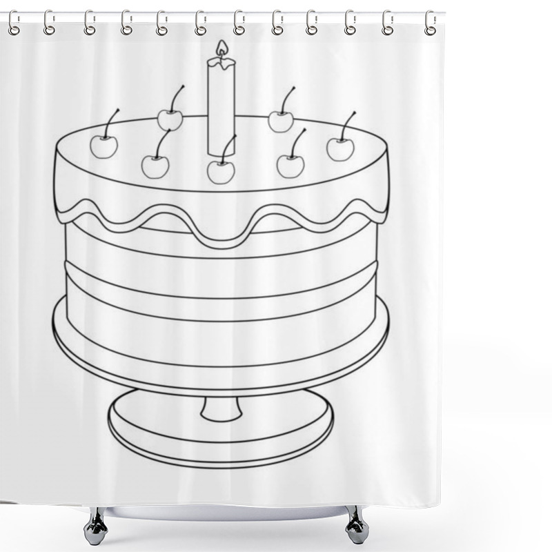 Personality  Cherry Cake With A Candle Covered With Icing. Birthday Cake On A Platter - Vector Linear Illustration For Coloring. Glazed Cake Decorated With Cream Cherries And Candles - Festive Sweets. Outline. Shower Curtains