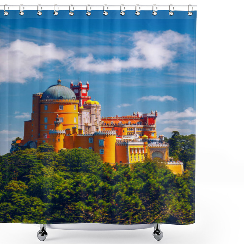 Personality  Famous Historic Pena Palace Part Of Cultural Site Of Sintra Against Sunset Sky In Portugal. Panoramic View Of Pena Palace, Sintra, Portugal. Pena National Palace At Sunset, Sintra, Portugal.  Shower Curtains