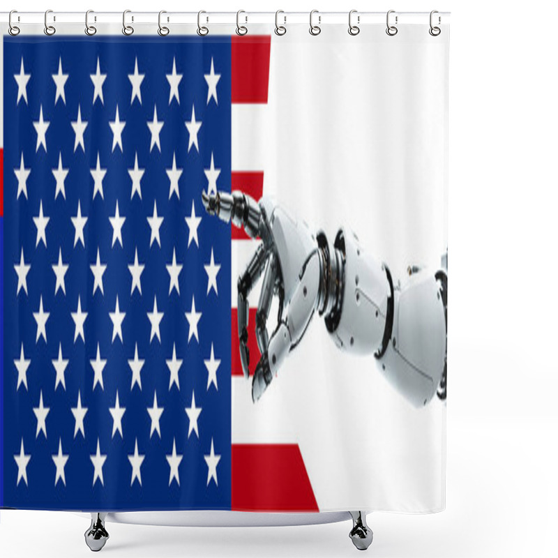 Personality  Flag Of The United States Of America And Robot Arm With Hand Pointing, AI Technology, White Humanoid Android, Artificial Intelligence, Autonomous Robot Design Shower Curtains