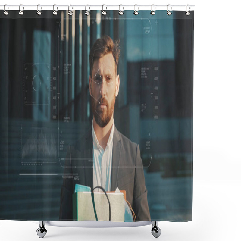 Personality  Face ID. Futuristic Biometric Facial Scanning Of Unemployed Office Manager Standing Outside Business Centre. Face Detection. 3D Technology. Augmented Reality. Coronavirus Crisis. Unemployment. Shower Curtains