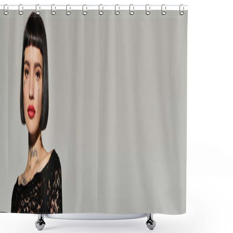 Personality  A Young Woman Showcases Her Tattoos While Dressed Fashionably. Shower Curtains