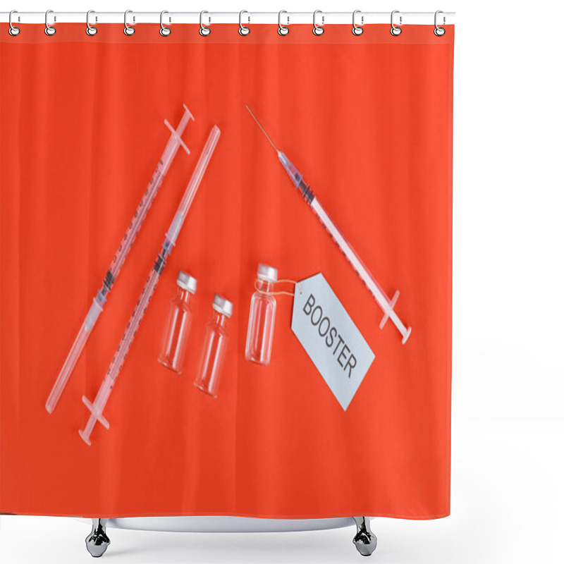 Personality  Corina Virus Booster Vaccination Concept With Vials And Syringes On Red Background Shower Curtains