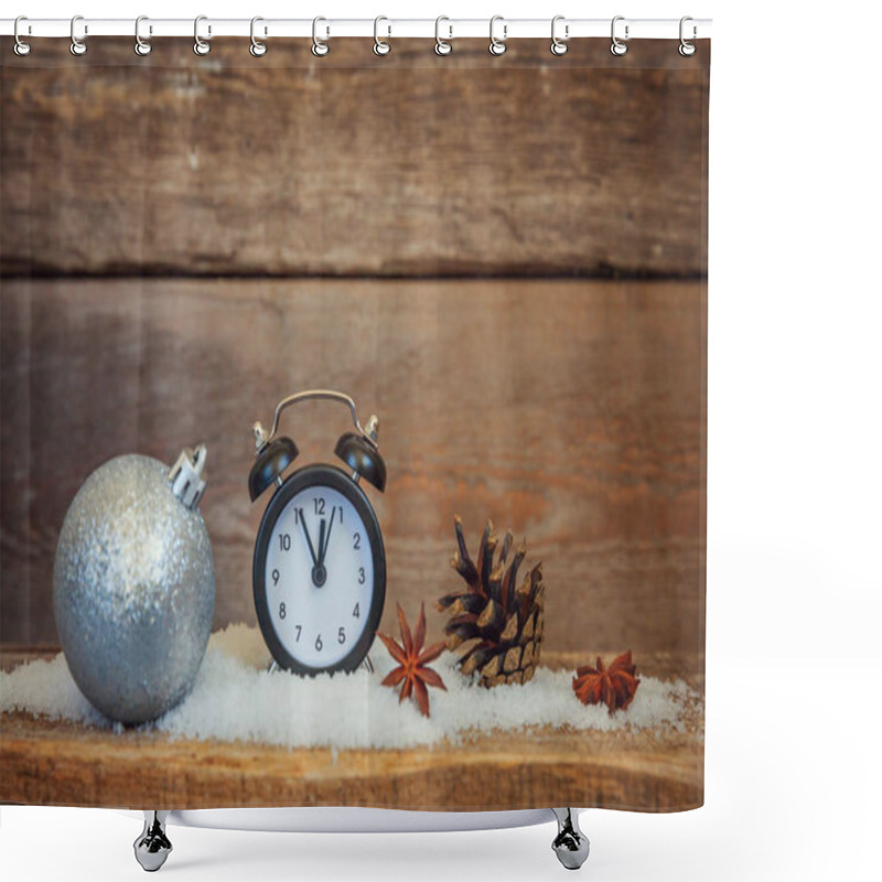 Personality  Christmas New Year Composition Winter Objects Pine Cones Balls Alarm Clock Anise On Old Shabby Rustic Wooden Background. Xmas Holiday December Decoration Copy Space. Time For Celebration Concept Shower Curtains