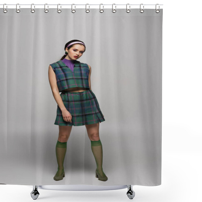 Personality  Full Length Of Young Woman In Headband And Checkered Outfit Posing On Grey  Shower Curtains