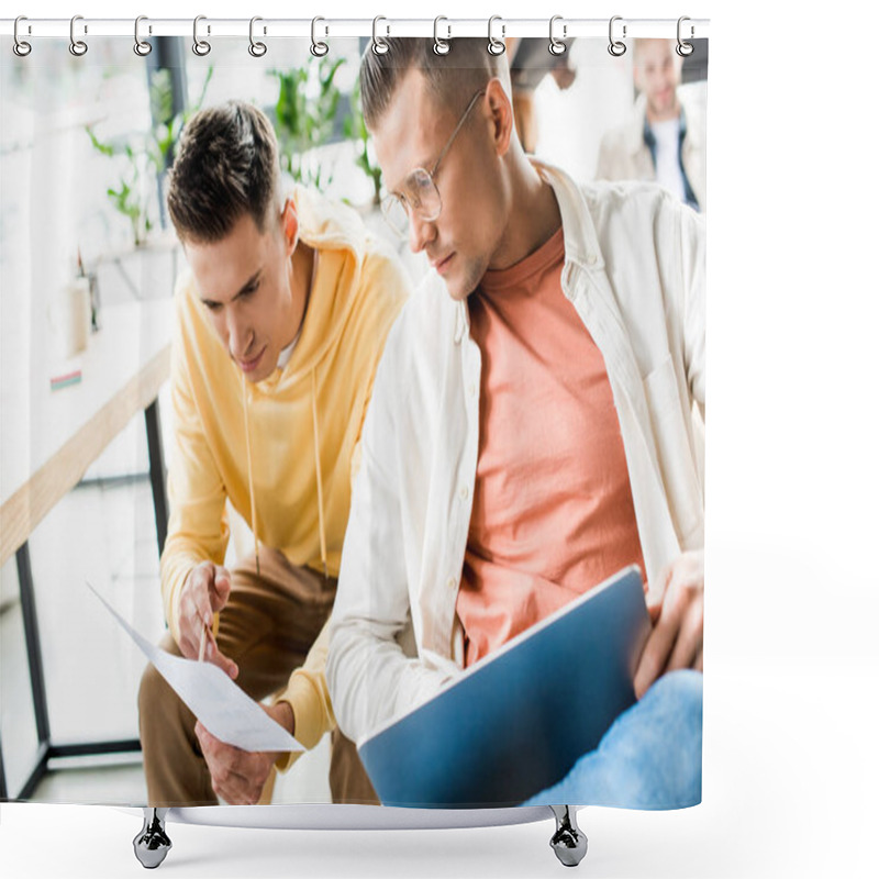 Personality  Two Young Businessmen Discussing Startup Project Together In Office Shower Curtains