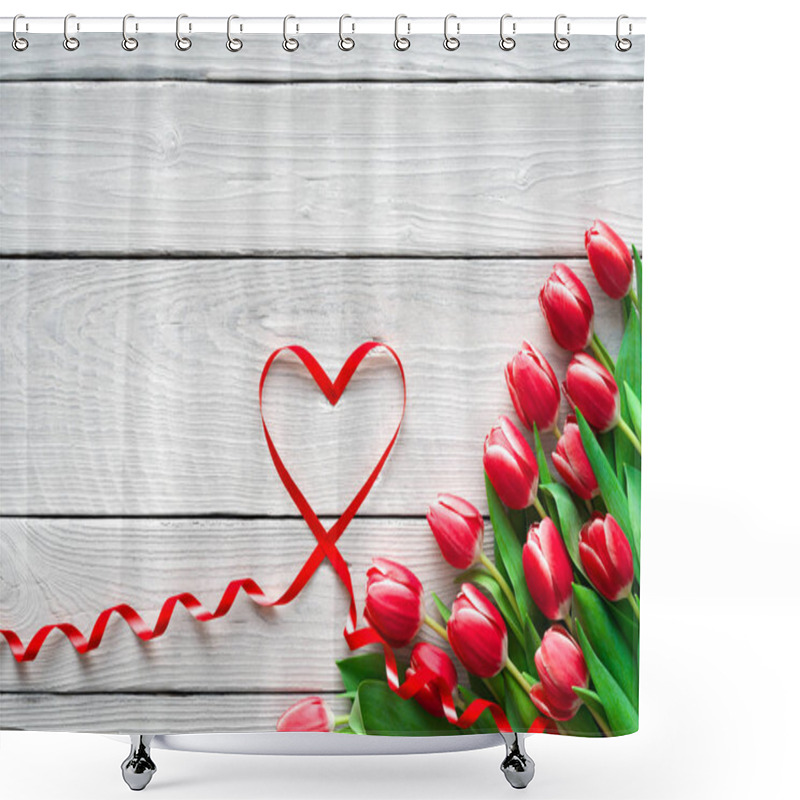 Personality  Red Tulips And Ribbon Shaped Heart On Wooden Background. Valentines Day, Mothers Day, Happy Birthday, Wedding, Womens Day -Concept Shower Curtains