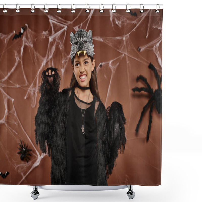 Personality  Close Up Of Preteen Girl In Black Attire And Wolf Mask Scaring With Raised Hands, Halloween Concept Shower Curtains