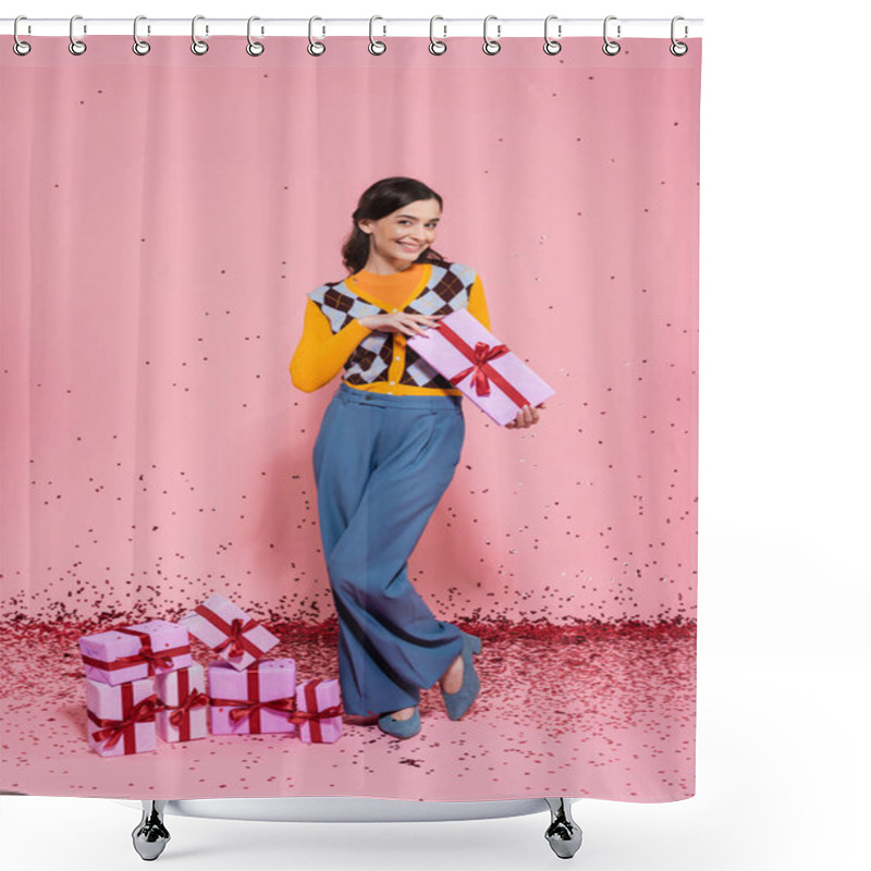 Personality  Full Length Of Pleased Woman Posing With Present Near Festive Confetti And Gift Boxes On Pink Background Shower Curtains