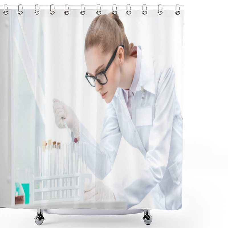 Personality  Scientist Working With Test Tubes Shower Curtains