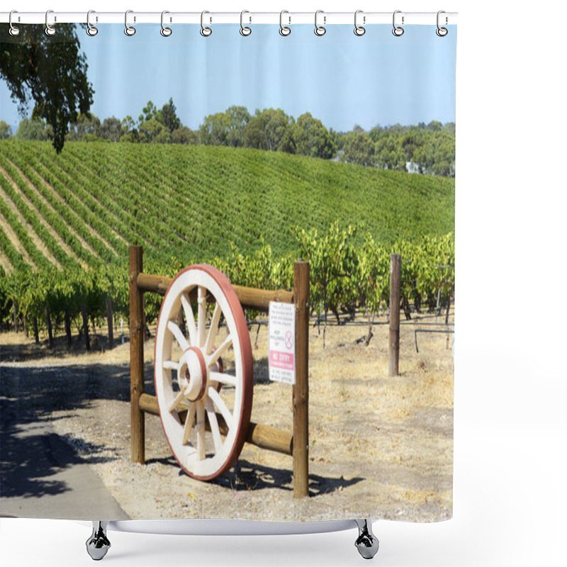 Personality  Rows Of Grape Vines With Wagen Wheel Gate, Barossa Valley, South Australia. Shower Curtains