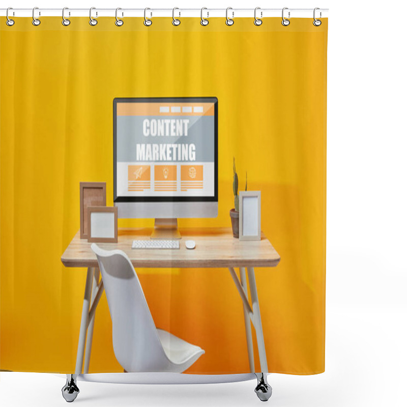 Personality  Computer With Content Marketing Lettering At Wooden Table On Yellow Background Shower Curtains