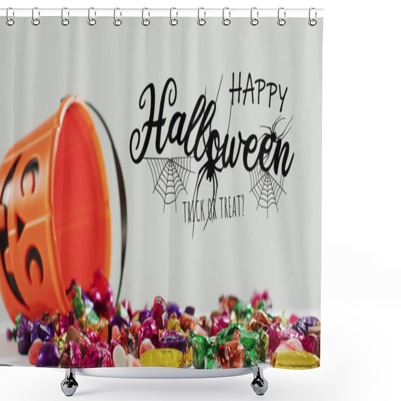 Personality  Image Of Halloween Text Over Carved Pumpkin Bucket With Sweets On Grey Background. Halloween, Autumn, Fall, Festivity Tradition And Celebration Concept Digitally Generated Image. Shower Curtains