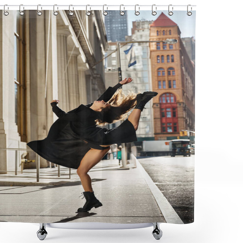 Personality  A Young Woman Dances In The Streets Of New York City, Her Movement Capturing The Energy Of The City. Shower Curtains