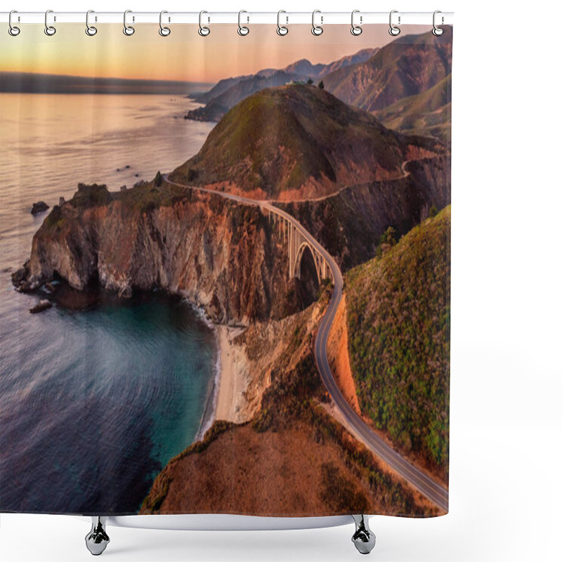 Personality  Bixby Bridge On Highway 1 And Big Sur Along Pacific Ocean Coast, Beautiful Landscape And Aerial View, Sunset, Sunrise, Fog. Concept, Travel, Vacation, Weekend. Shower Curtains