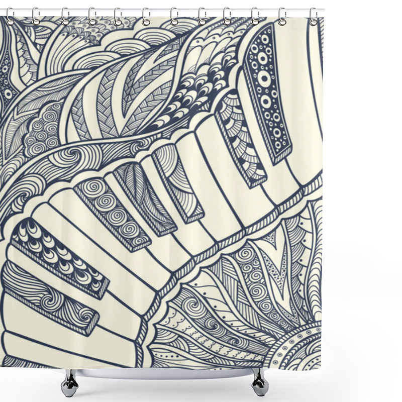 Personality  Piano Keyboard With Zen-tangle Ornament  Black On White  Shower Curtains