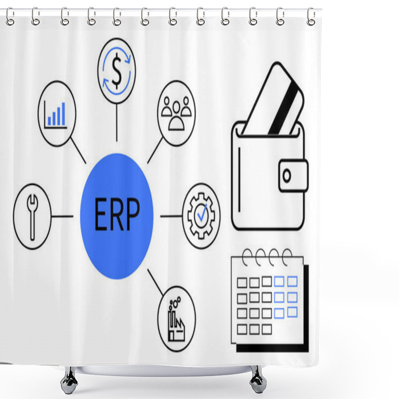 Personality  ERP Central Hub Connected To Icons For Financial Management, Workforce, Tools, Manufacturing, And Scheduling. Ideal For Business Management, Integration, Project Planning, Financial Systems HR Shower Curtains