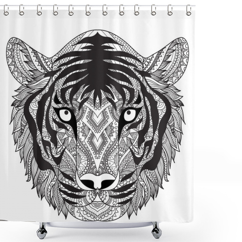 Personality  Clean Lines Doodle Design Of Tiger Face, For T-Shirt Graphic, Tattoo, Coloring Book For Adult And So On -Stock Vector Shower Curtains