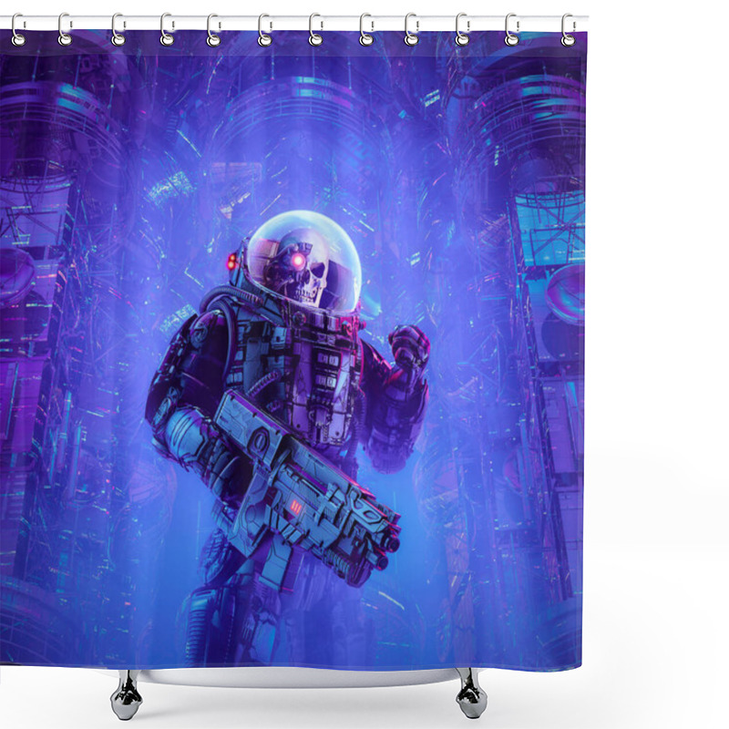 Personality  Death On Patrol - 3D Illustration Of Science Fiction Scene Showing Evil Skull Faced Astronaut Space Soldier With Laser Pulse Rifle Surrounded By Alien Machinery Shower Curtains