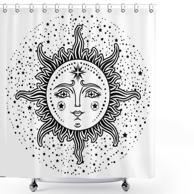 Personality  Vintage Hand Drawn Sun-Moon. Retro Illustration Face Of The Sun, Sun Tattoos, Vintage Graphics. Vector  Illustration. Shower Curtains