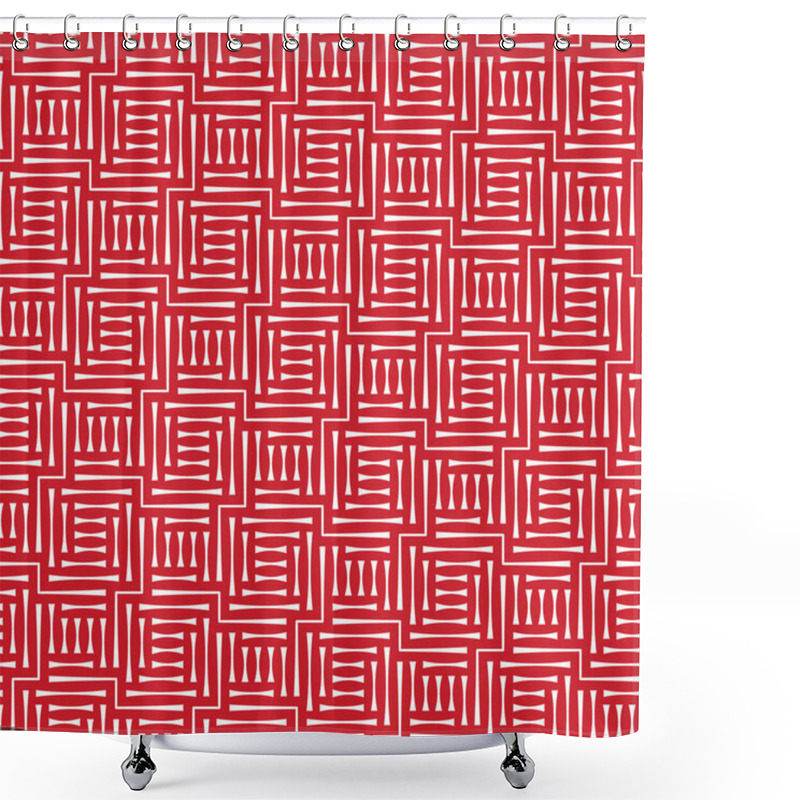 Personality  Elegant Motif With Modular Blocks Of Thin White Horizontal And Vertical Lines On A Red Background. Seamless Geometric Pattern. Modern Maze Design. Contemporary Ethnic Style. Vector Illustration. Shower Curtains