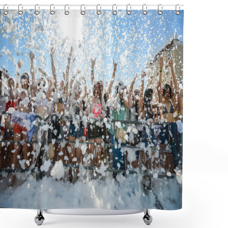 Personality  MINSK. BELARUS - June 2016: Lots Of People At The Foam Party. Foam Entertaining Party, People Cheerfully Raise Their Hands, Catch Soap Bubbles, Summer Entertainment Festival In The Water Park.  Shower Curtains