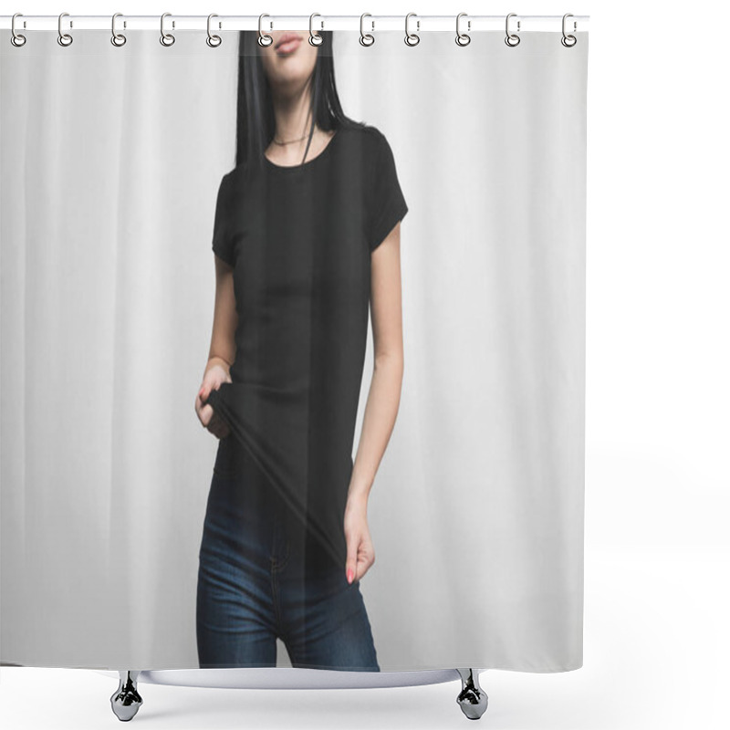 Personality  Stylish Young Woman In Blank Black T-shirt On White Shower Curtains