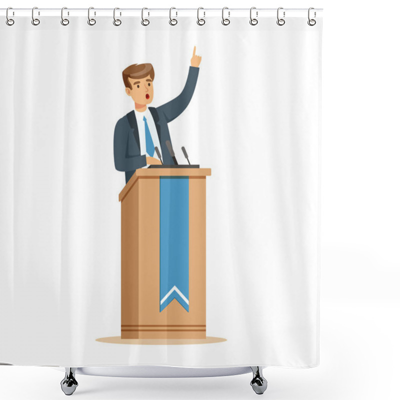 Personality  Young Politician Speaking Behind The Podium, Public Speaker Character Vector Illustration Shower Curtains