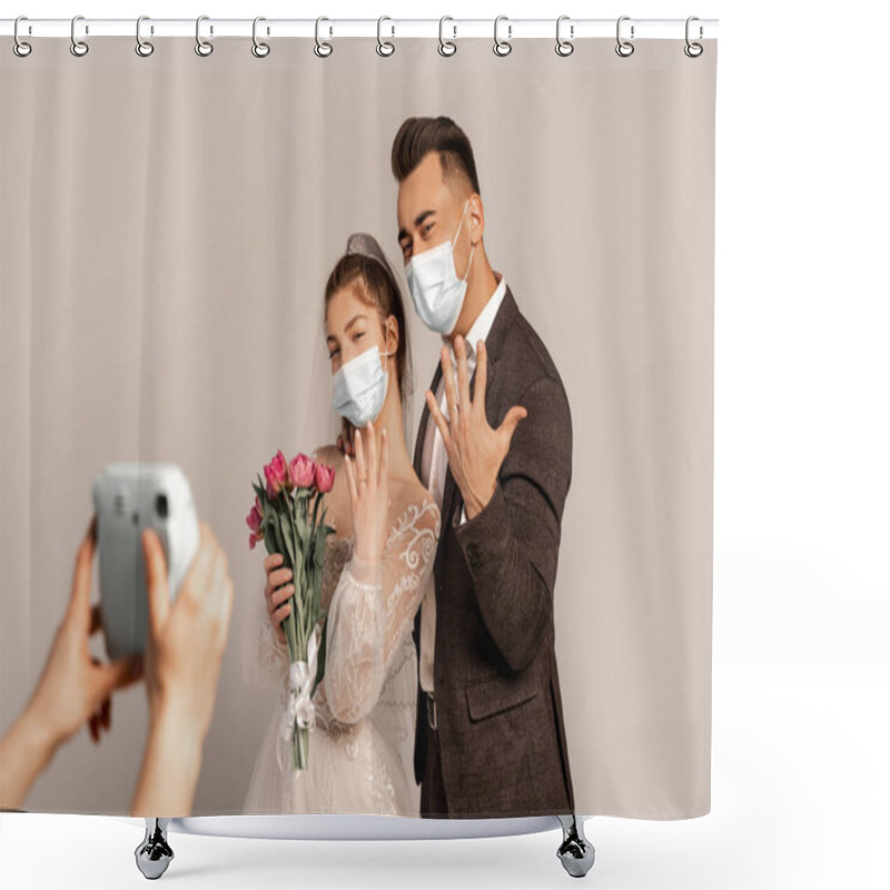 Personality  Newlyweds In Medical Masks Showing Wedding Rings Near Blurred Photographer Isolated On Grey Shower Curtains