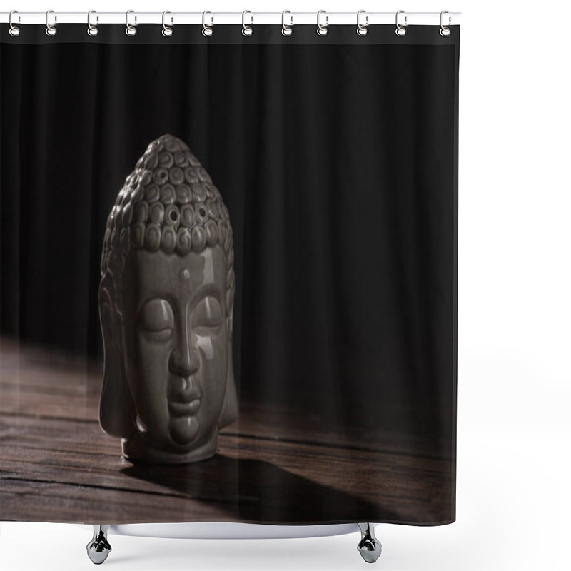 Personality  Sculpture Of Buddha Head On Wooden Table Shower Curtains