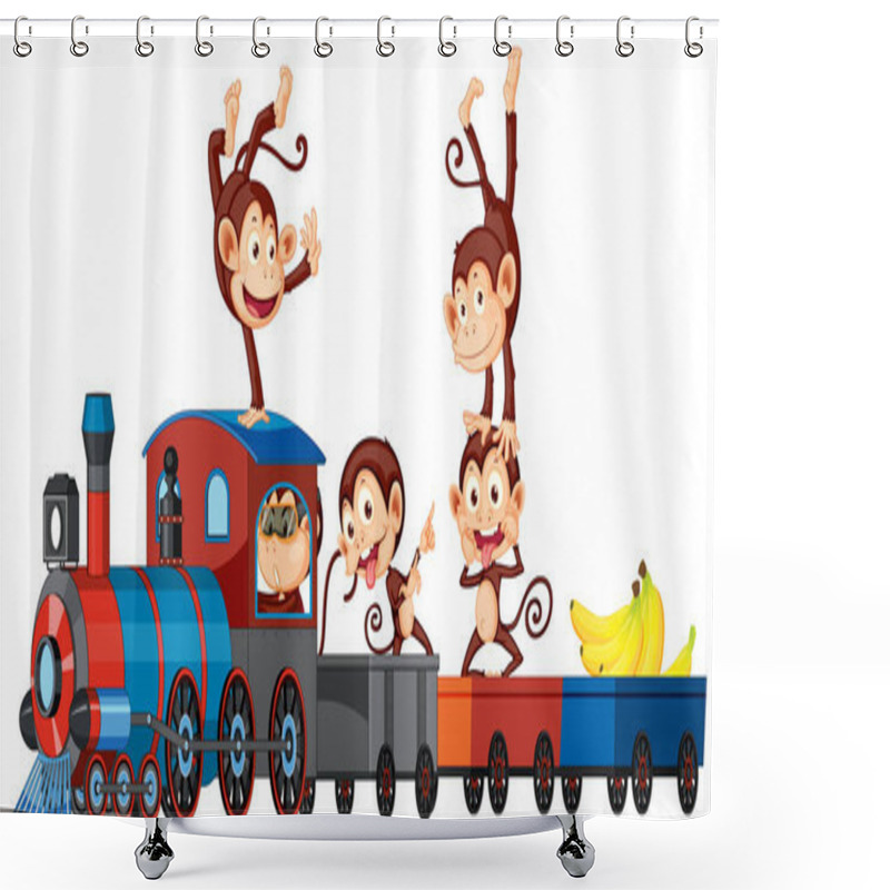 Personality  Five Monkeys Riding On The Train Illustration Shower Curtains